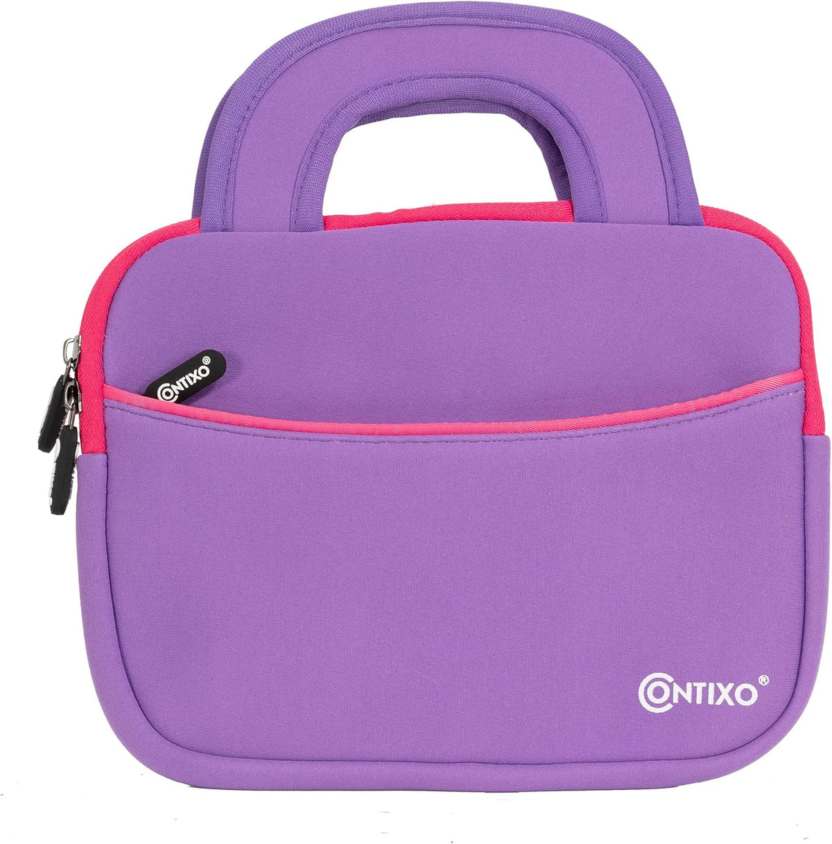 Contixo 7 inch kids tablet sleeve bag purple front view showing pink trim and handles