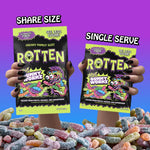Rotten sour gummy wormz freaky family size packaging close up.