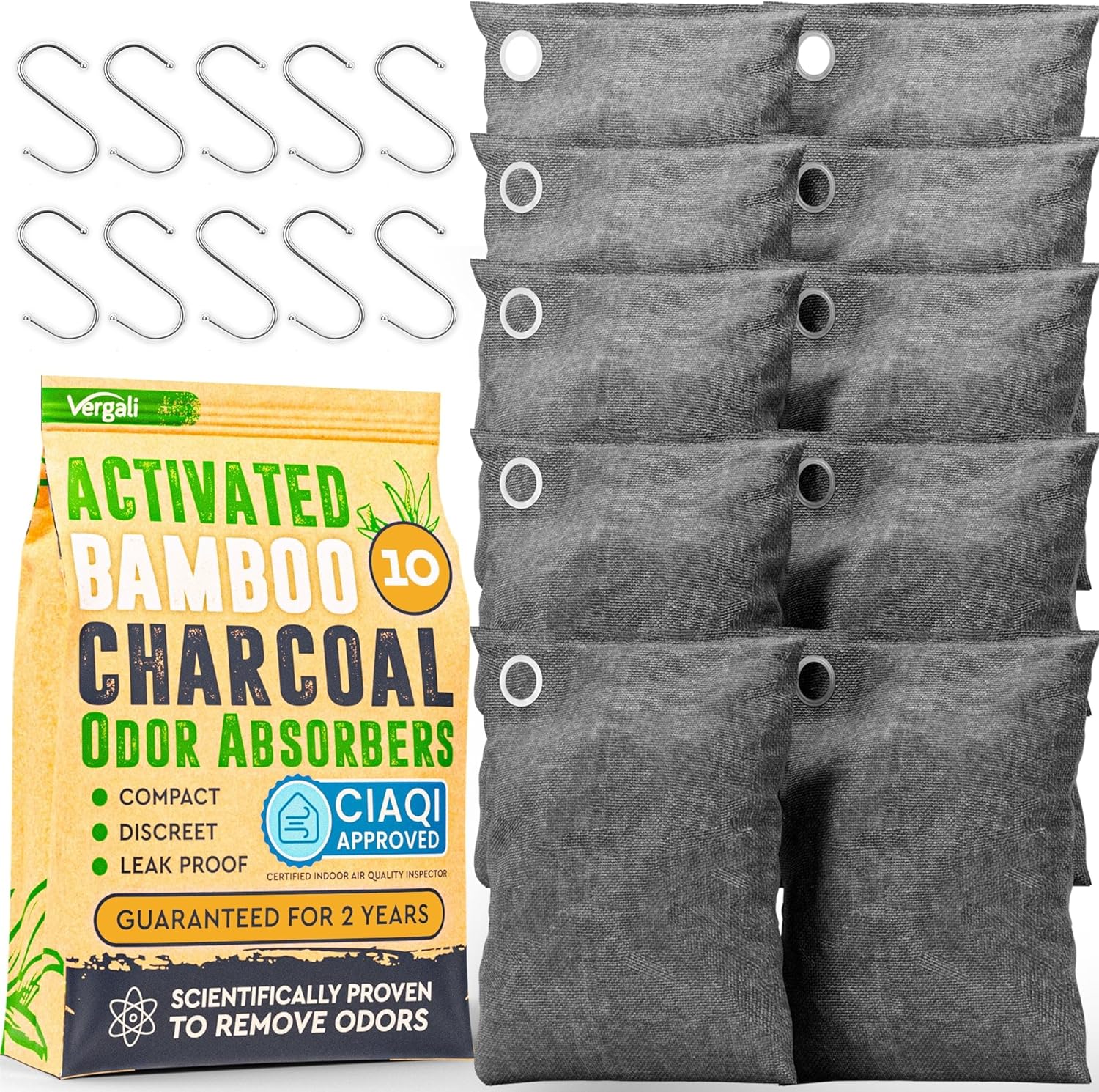 Vergali Activated Bamboo Charcoal Odor Absorber front view of 10-pack set with hooks.