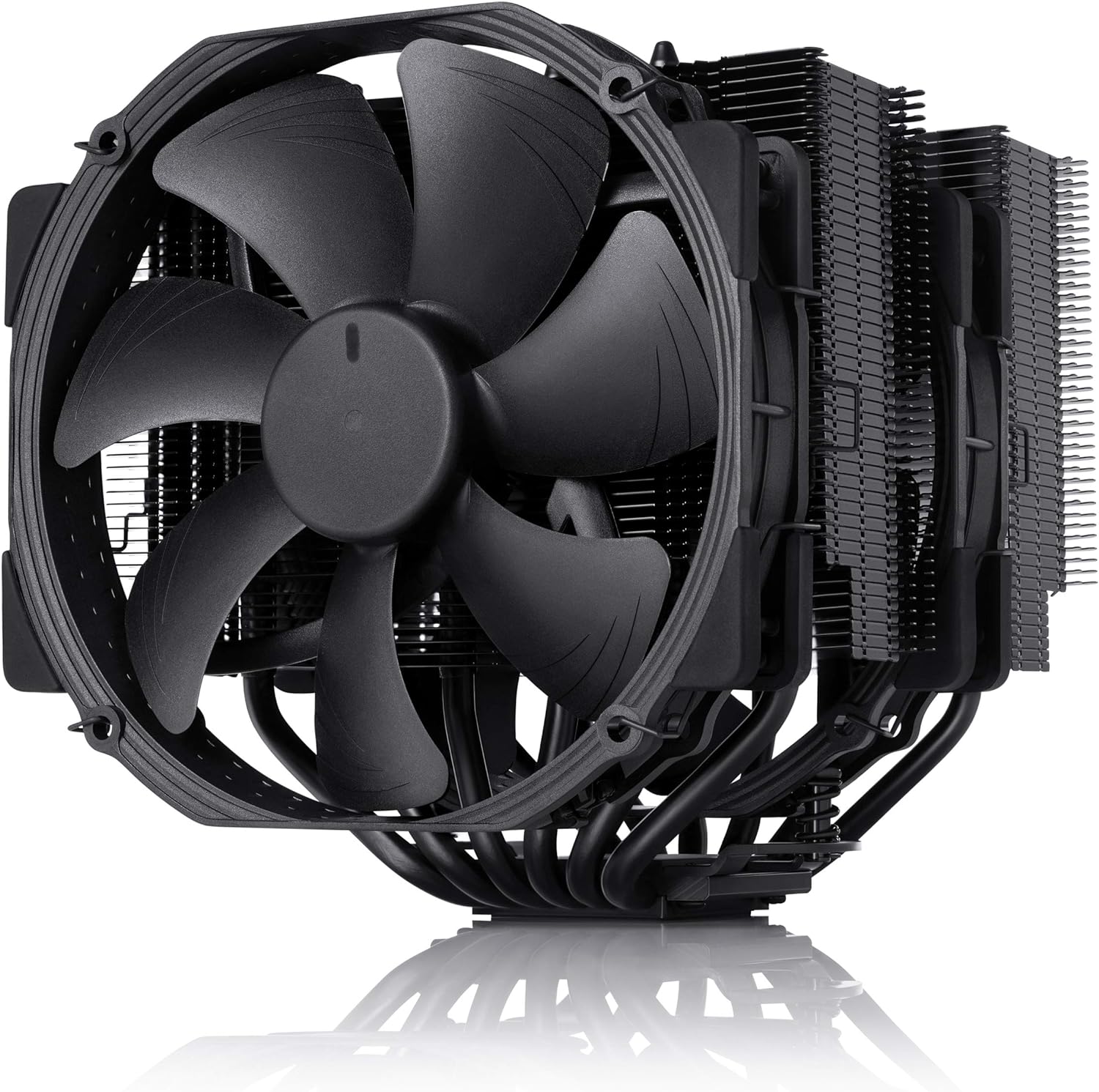 Noctua NH-D15 Chromax Black CPU cooler front view showing the dual tower heatsink and all black premium design.