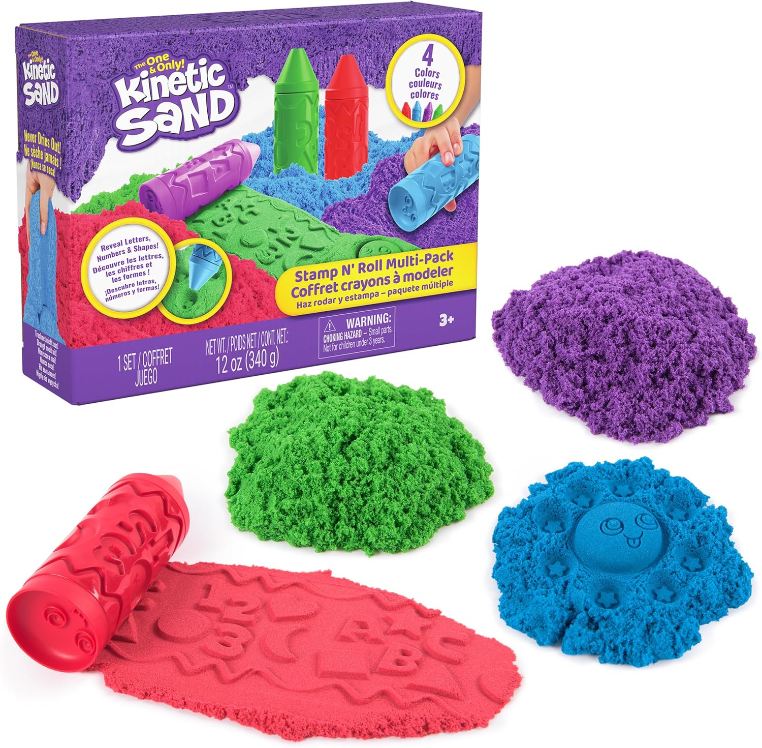 Kinetic Sand Stamp N Roll Crayon MultiPack front view showing four colorful crayon containers