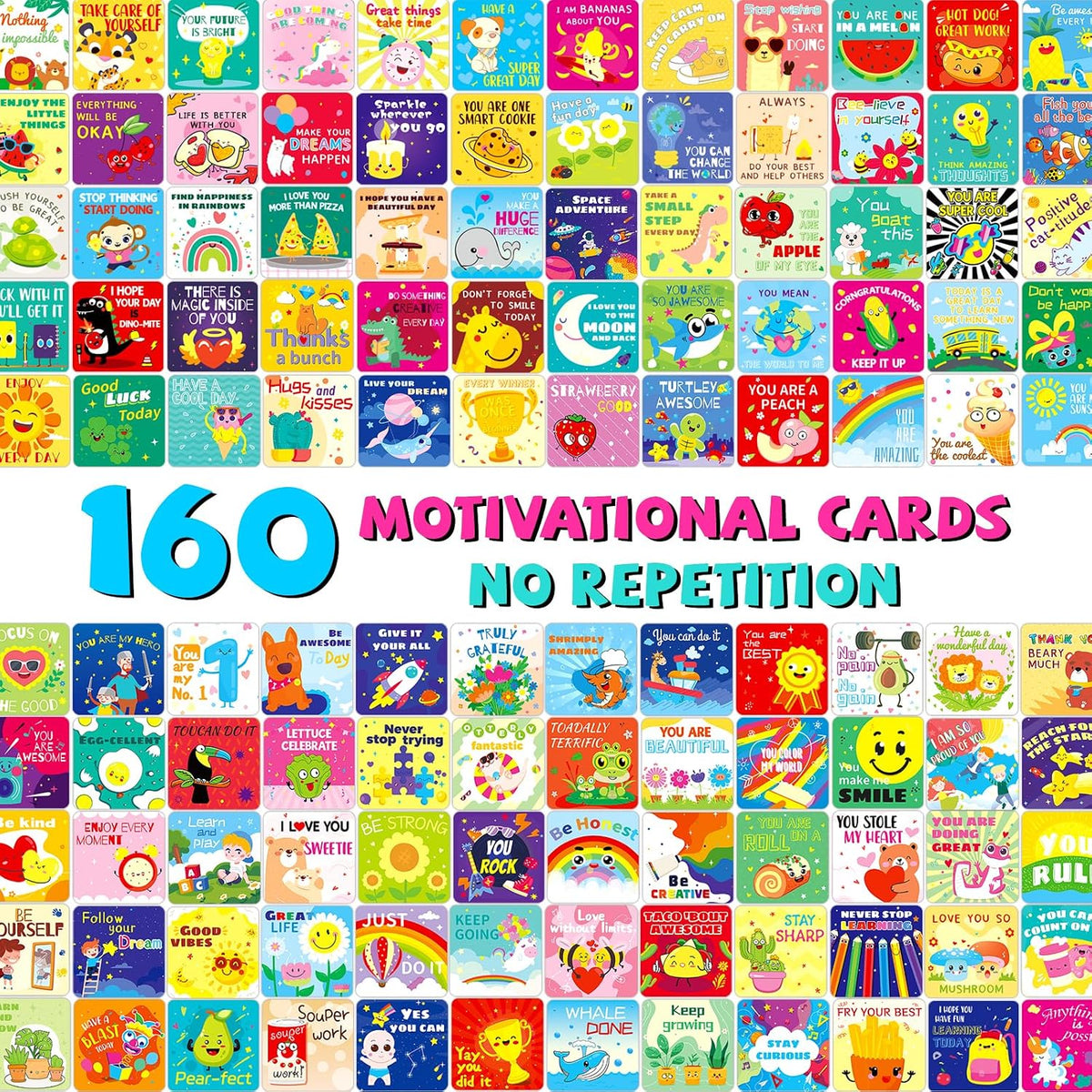 Assorted colorful lunch box cards with funny illustrations