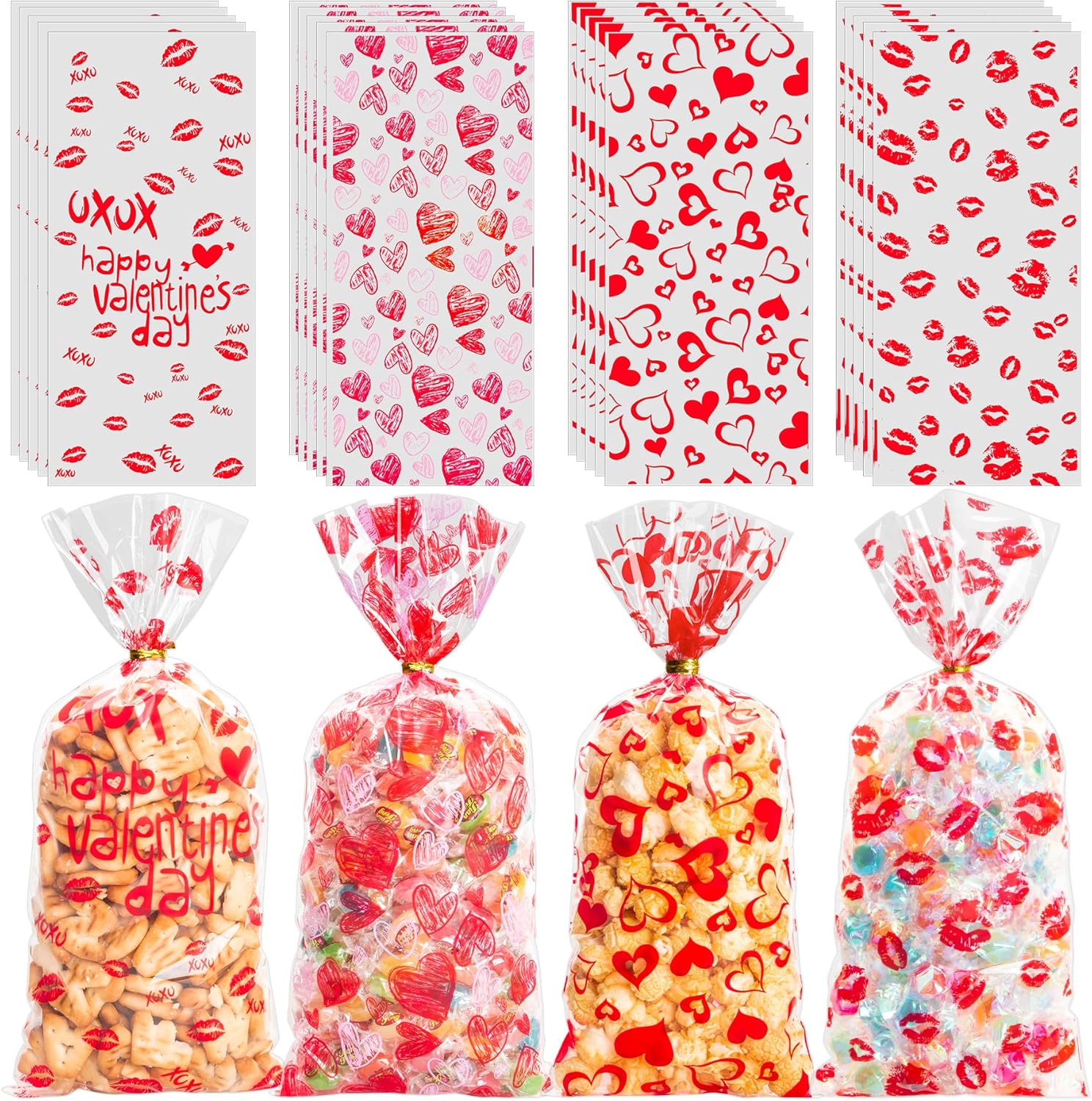 GOMANCHE Valentine's Day Cellophane Treat Bags front view showing assorted romantic prints