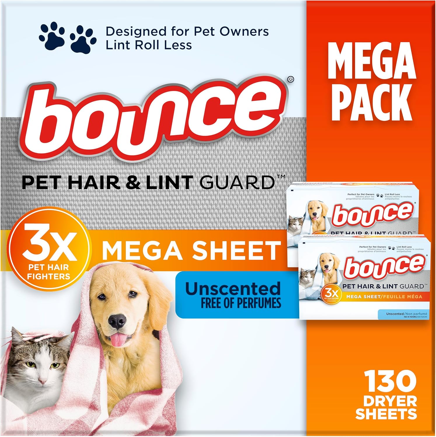Bounce Pet Hair and Lint Guard Mega Dryer Sheets front packaging view for premium laundry care.