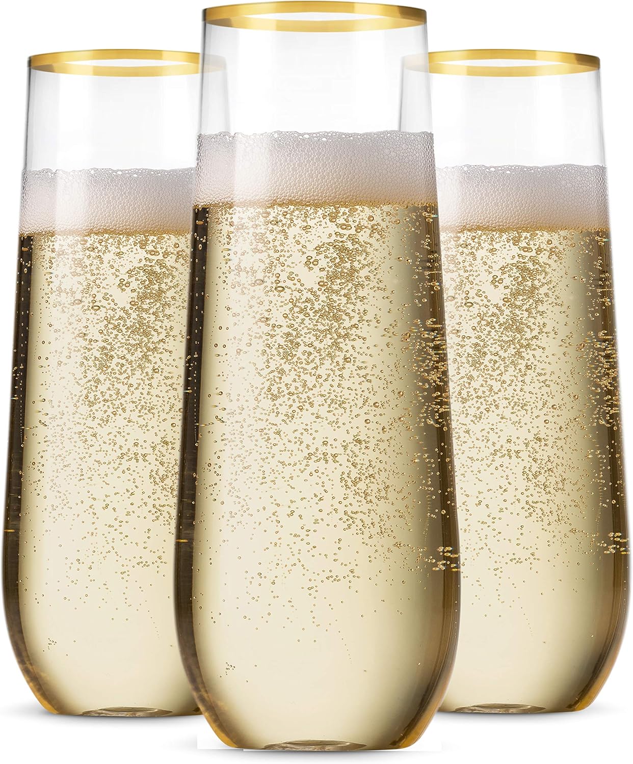 Munfix 48 Pack Stemless Plastic Champagne Flutes Disposable 9 Oz Gold Rim Clear Plastic Toasting Glasses Shatterproof Recyclable and BPA-Free - Image 1