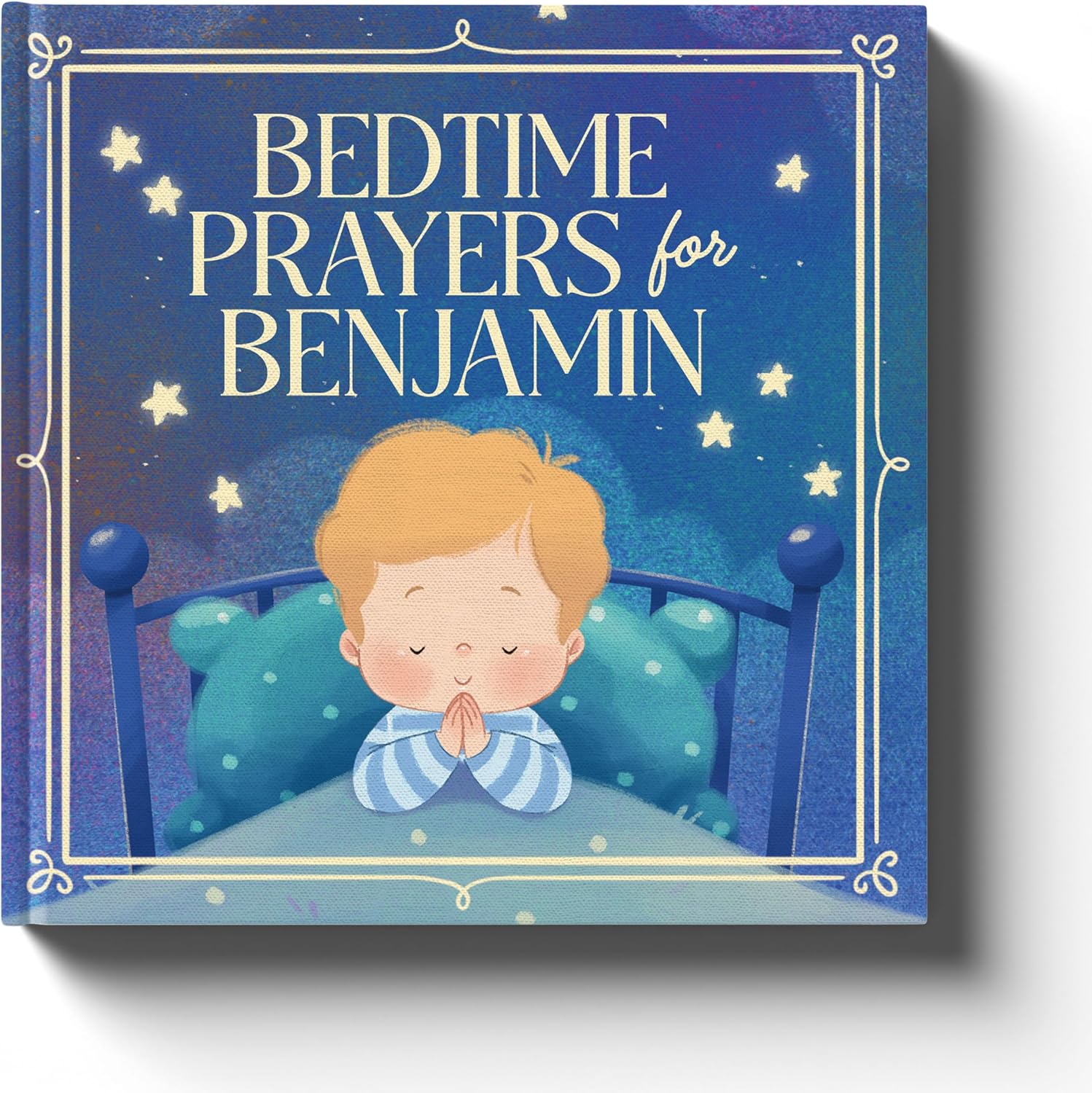 Luna Studios Bedtime Prayers personalized children book front view showcasing stylized illustration of a child praying.
