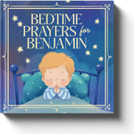 Luna Studios Bedtime Prayers personalized children book front view showcasing stylized illustration of a child praying.