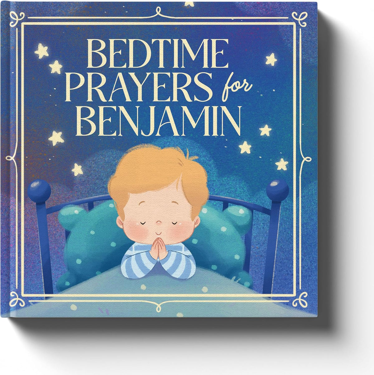 Luna Studios Bedtime Prayers personalized children book front view showcasing stylized illustration of a child praying.