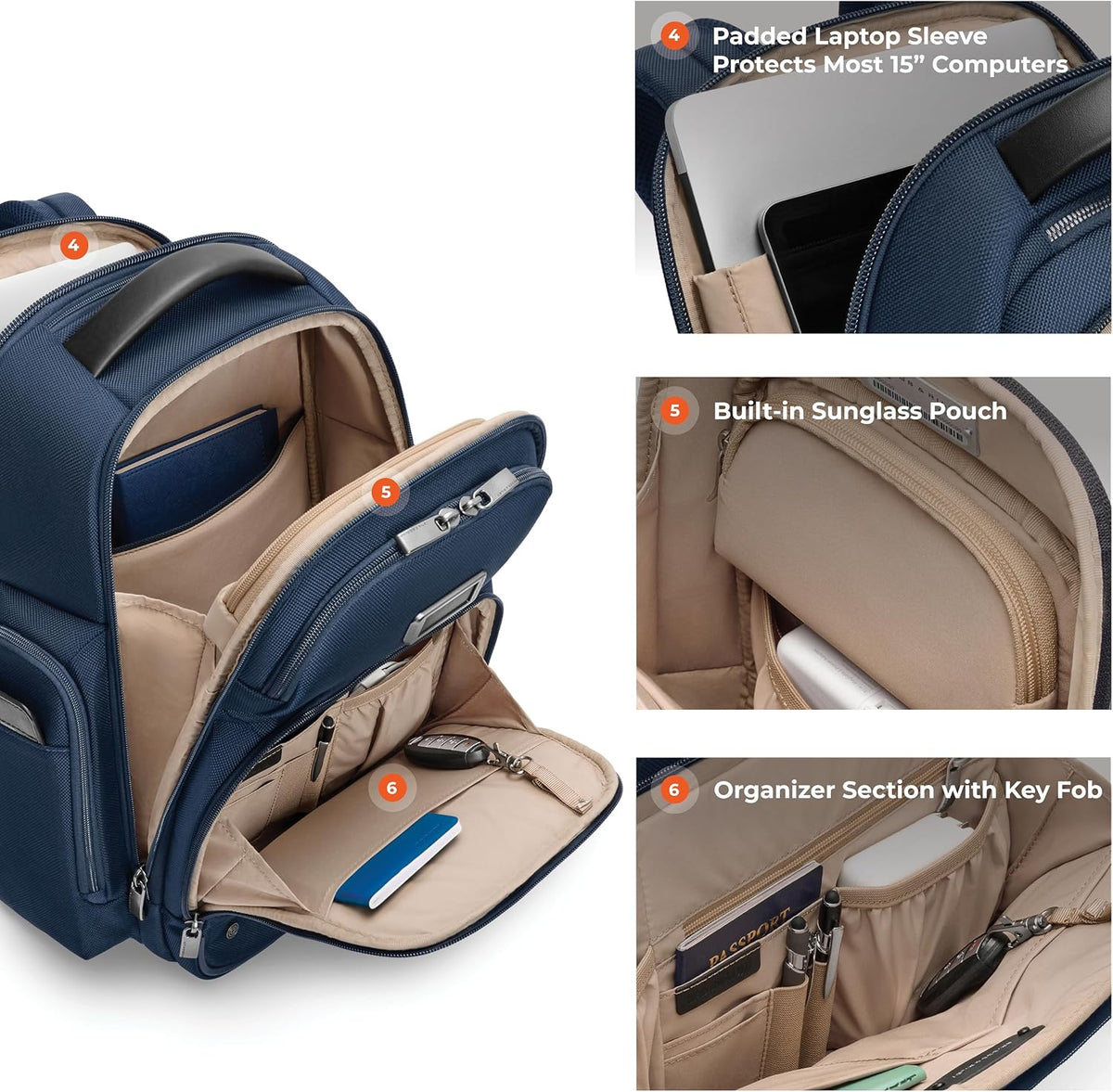 Briggs & Riley navy travel backpack interior organization pockets