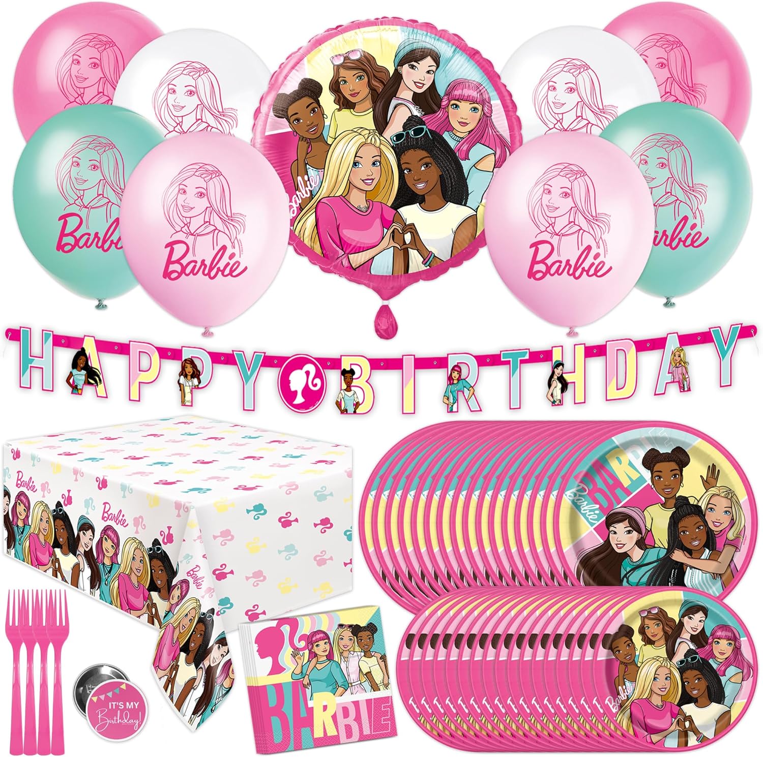 Unique Barbie birthday party decorations set for 16 guests front view