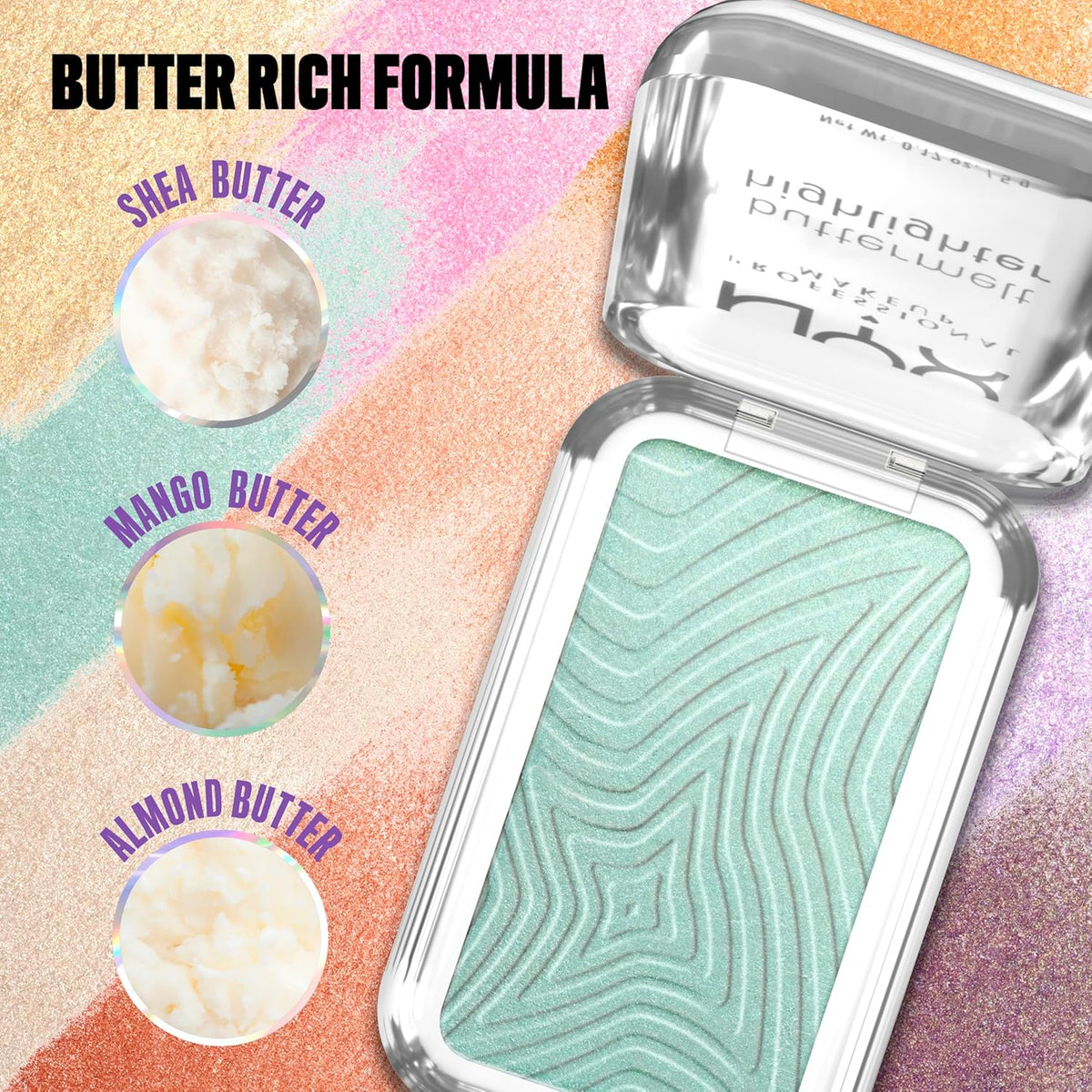 NYX PROFESSIONAL MAKEUP Buttermelt Highlighter, Powder Highlighter Makeup, With Up to 12H Wear and High Impact Glow - 20 Butta Mint (Minty Green) | Fondant Texture, Cream Powder, Lasts 12 Hours Without Transfer, Holographic 3D Shine, Vegan Formula - Image 6