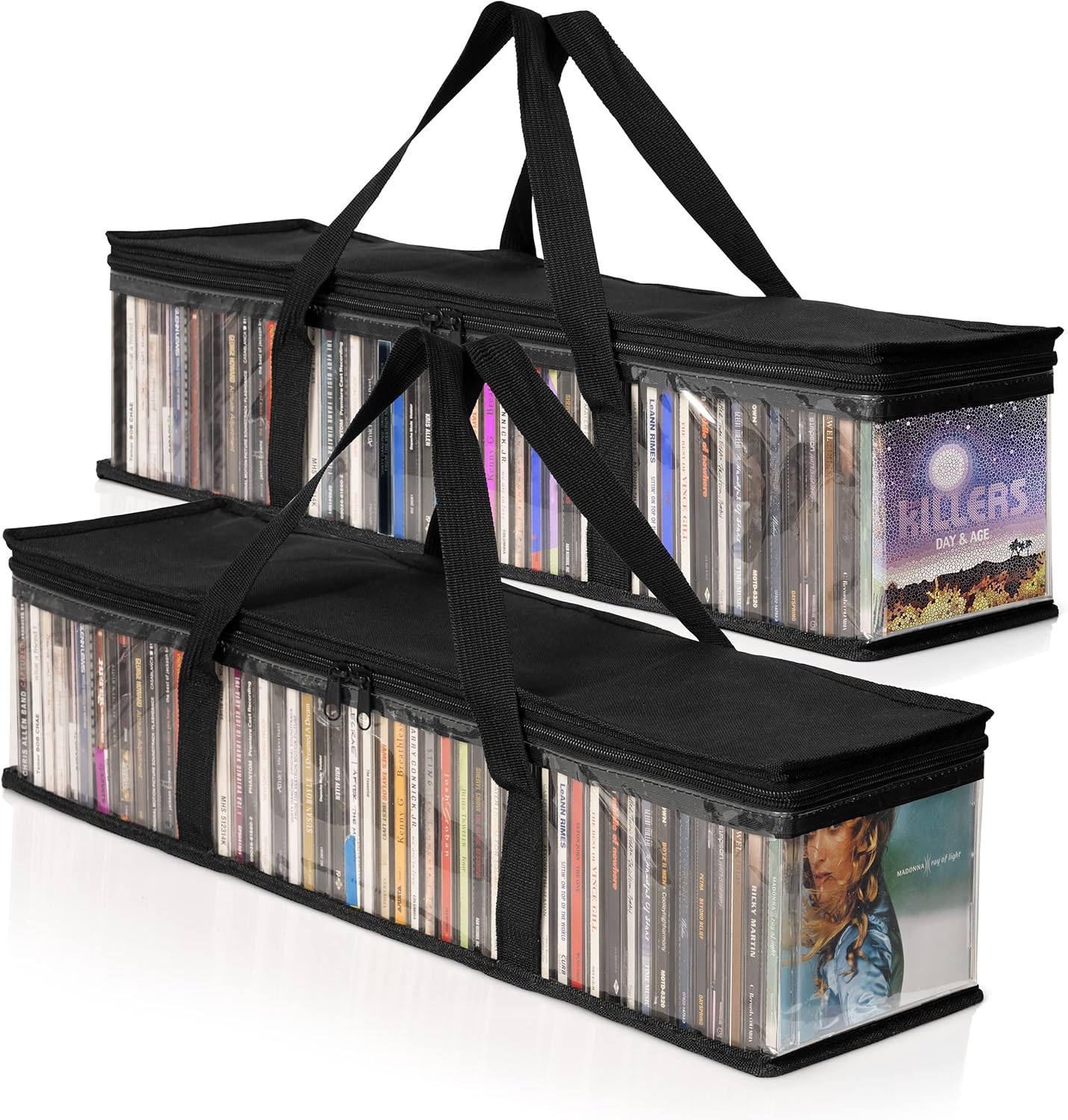 Besti CD Storage Bags front view showing clear plastic organizer filled with music disc cases.
