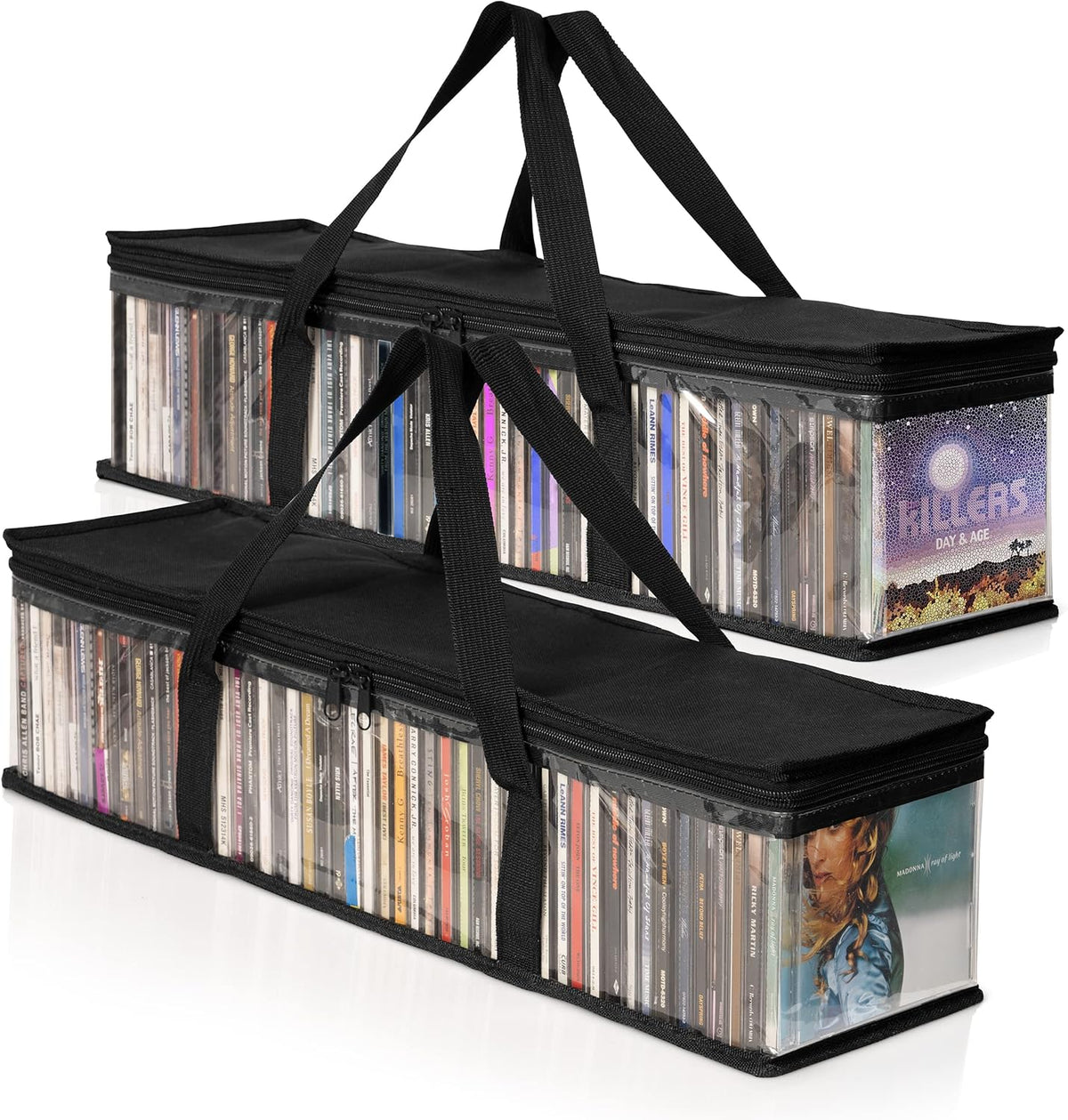 Besti CD Storage Bags front view showing clear plastic organizer filled with music disc cases.