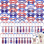 Saintrygo patriotic dog bow tie set front view showcasing red white and blue American flag grooming accessories.