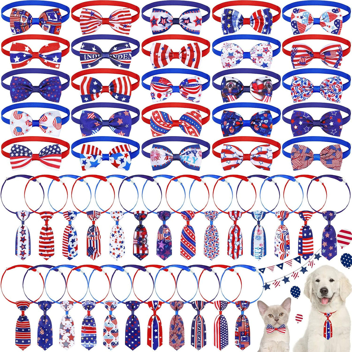 Saintrygo patriotic dog bow tie set front view showcasing red white and blue American flag grooming accessories.