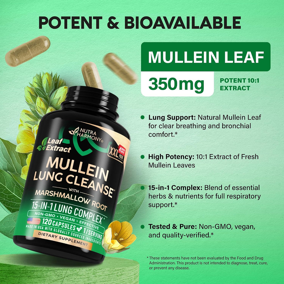 NutraHarmony Mullein Leaf extract supplement daily serving size information