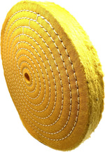 Pro-Graad buffing wheel front view showcasing yellow treated cotton