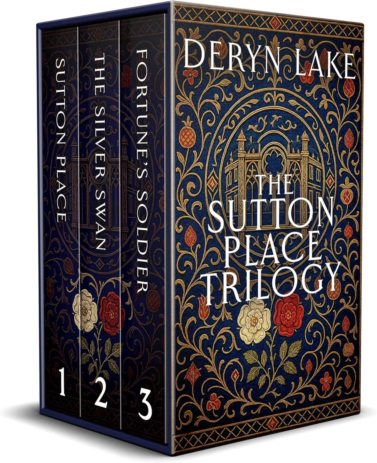 Deryn Lake The Sutton Place Trilogy Kindle Edition front cover view featuring a blue background with gold botanical designs and Tudor roses.