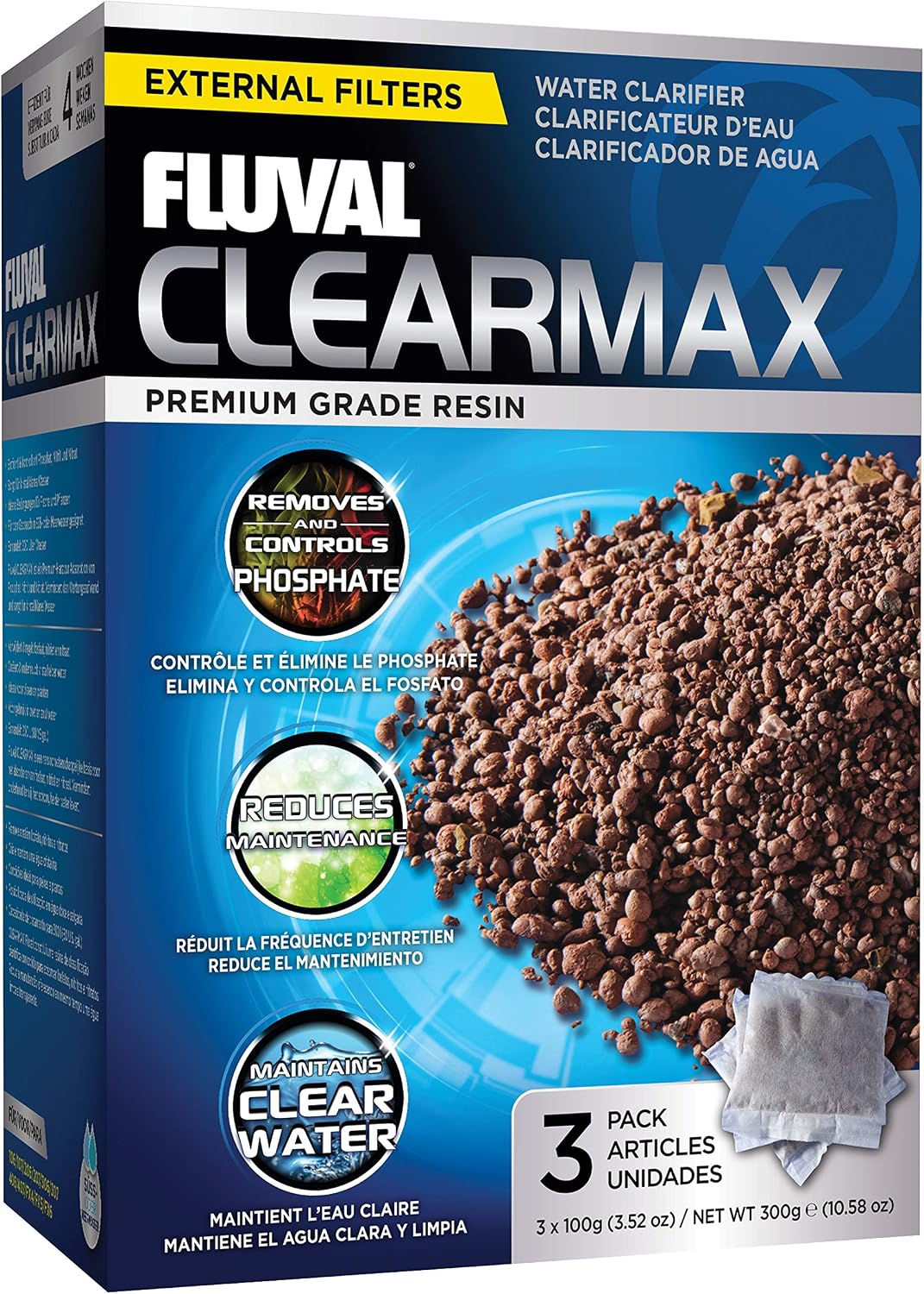 Fluval ClearMax Phosphate Remover 3-pack box front view showing aquarium water clarifier