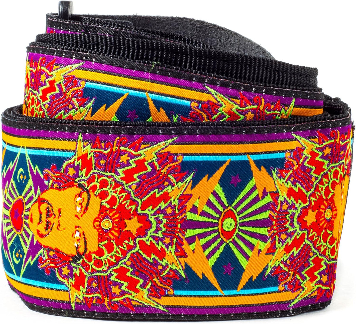 Jim Dunlop Jimi Hendrix Poster Guitar Strap front view with psychedelic artwork