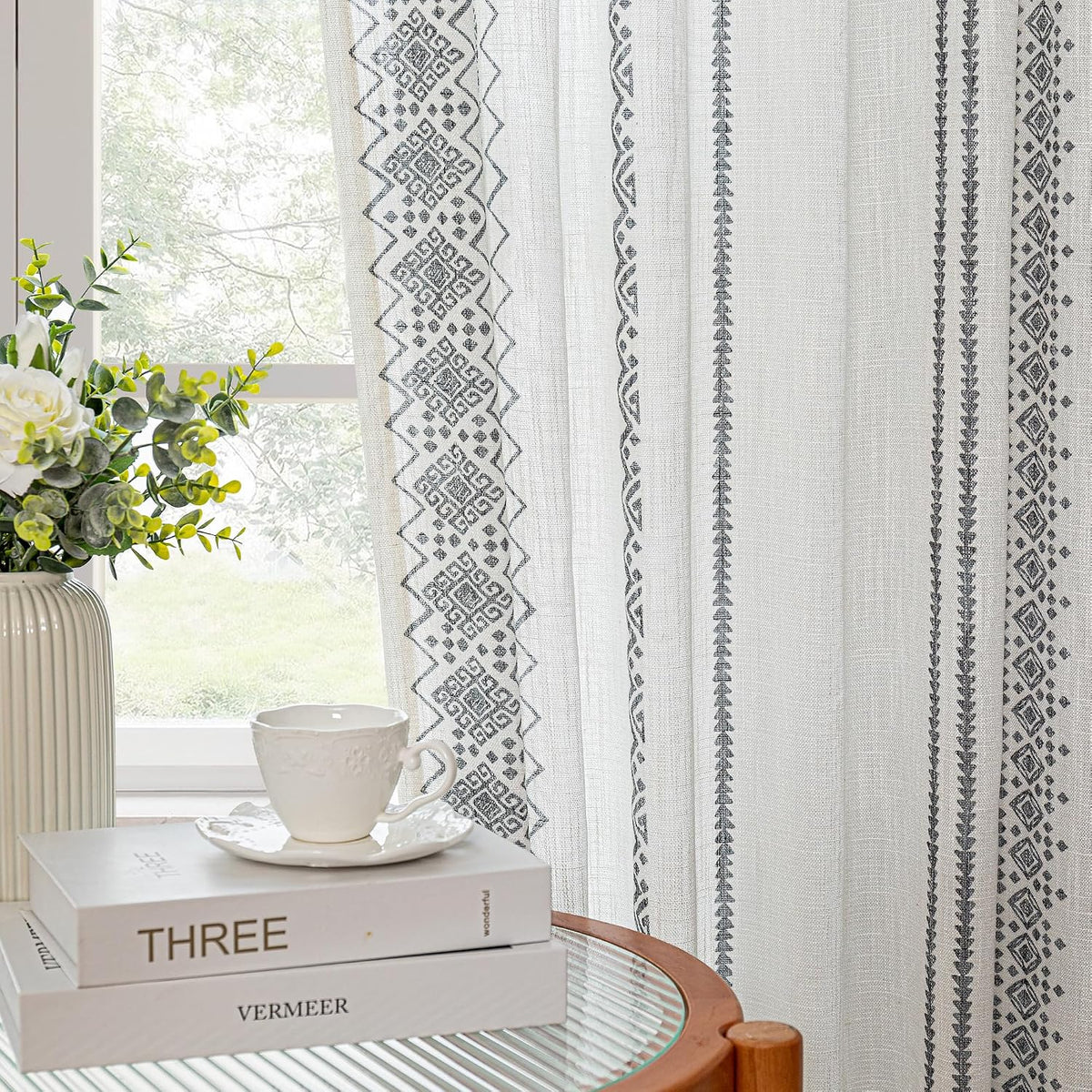 Boho Curtains for Living Room Light Filtering Privacy Protection Cotton Curtains 84 Inch Length 2 Panels Bohemian Linen Style Back Tab Window Leaf Print Classical Drapes for Dining Room - Image 12