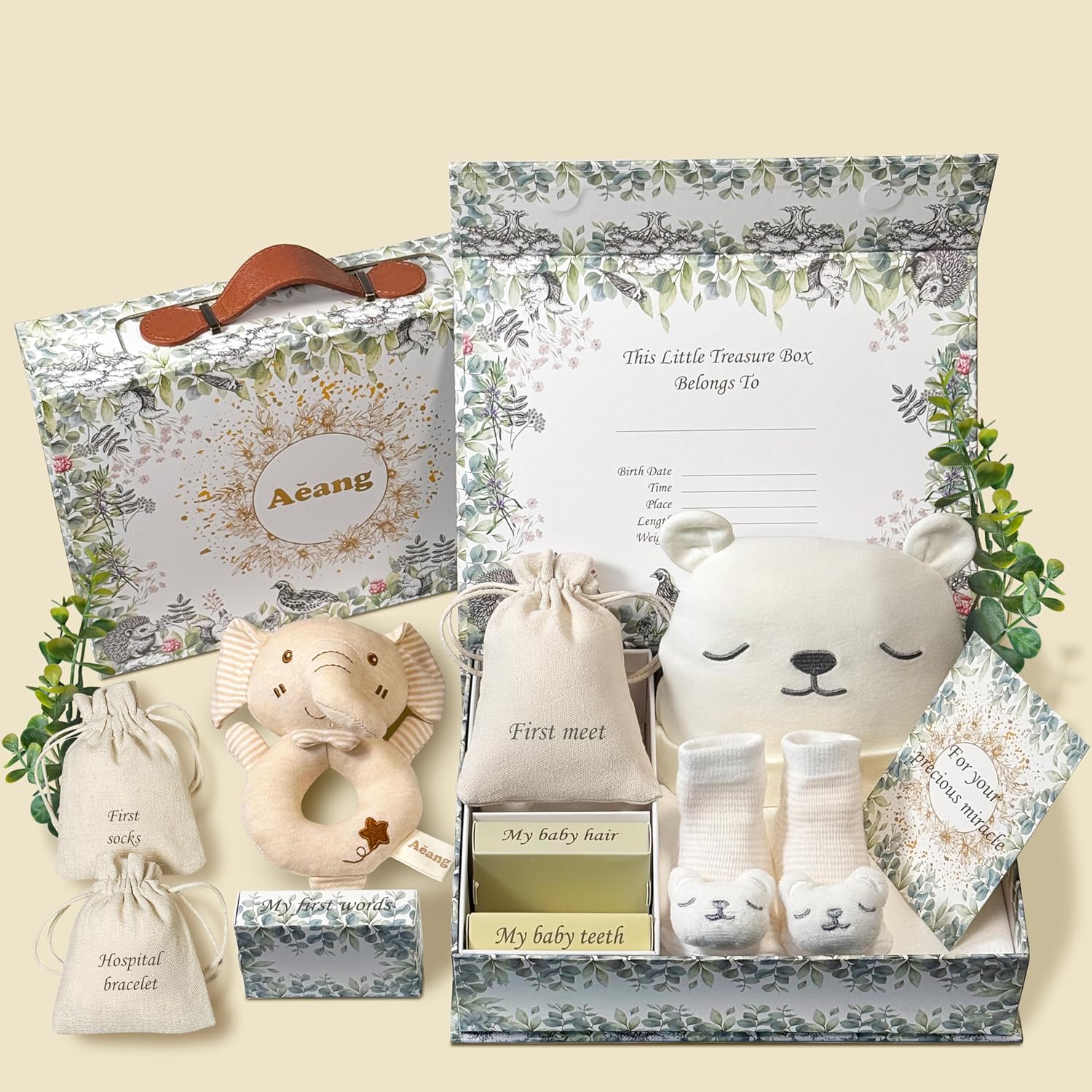 Aeang baby shower keepsake gift box front view featuring woodland ellie theme
