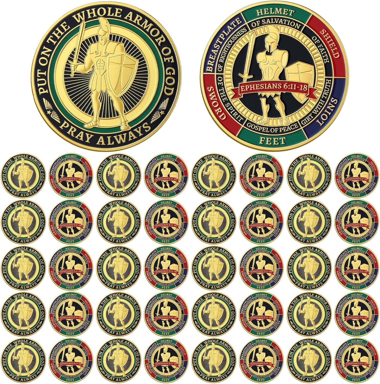 Nosiny Armor of God coins 40 pieces bulk set front view showing antique gold finish