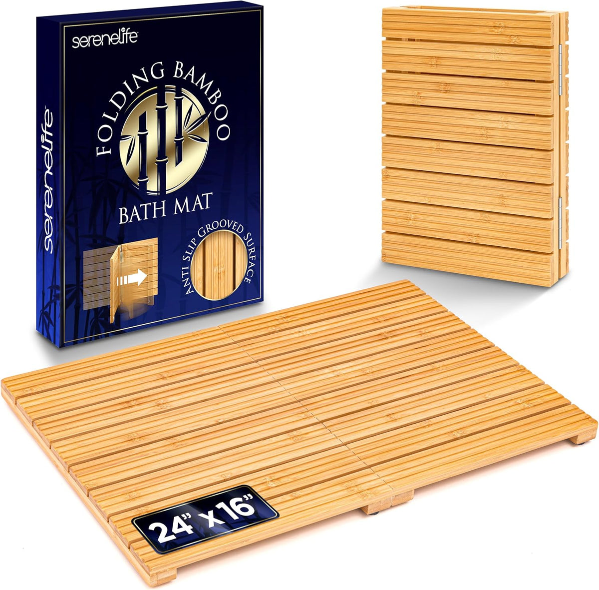 SereneLife foldable bamboo bath mat front view natural wood finish