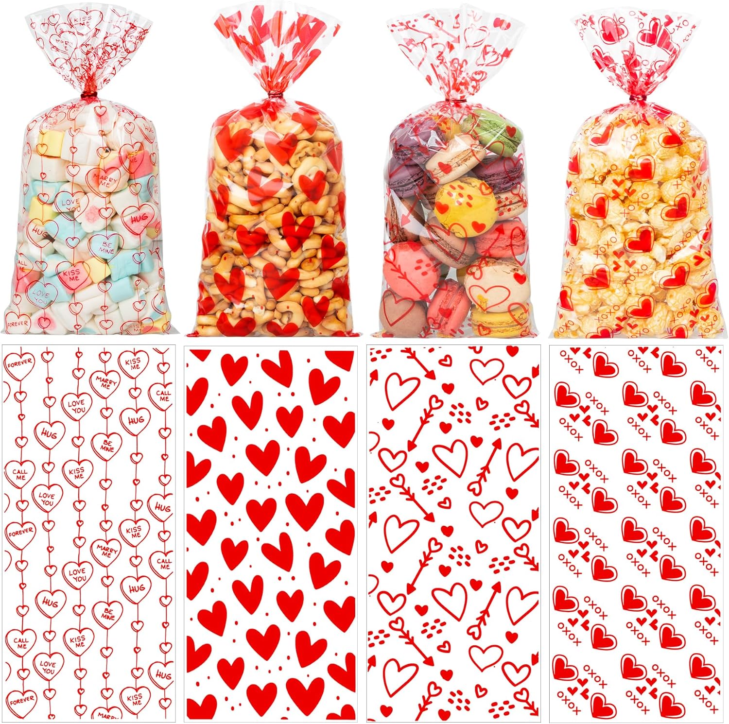 RICEDUO Valentine's Day Cellophane Treat Bags front view showing assorted heart patterns filled with candies