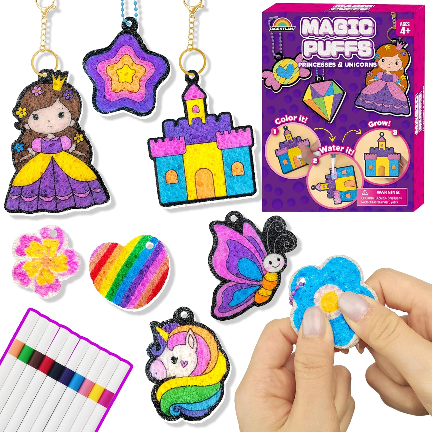 AGENTLAN Magic Puff Kit for Kids front view displaying unicorn and princess themed packaging