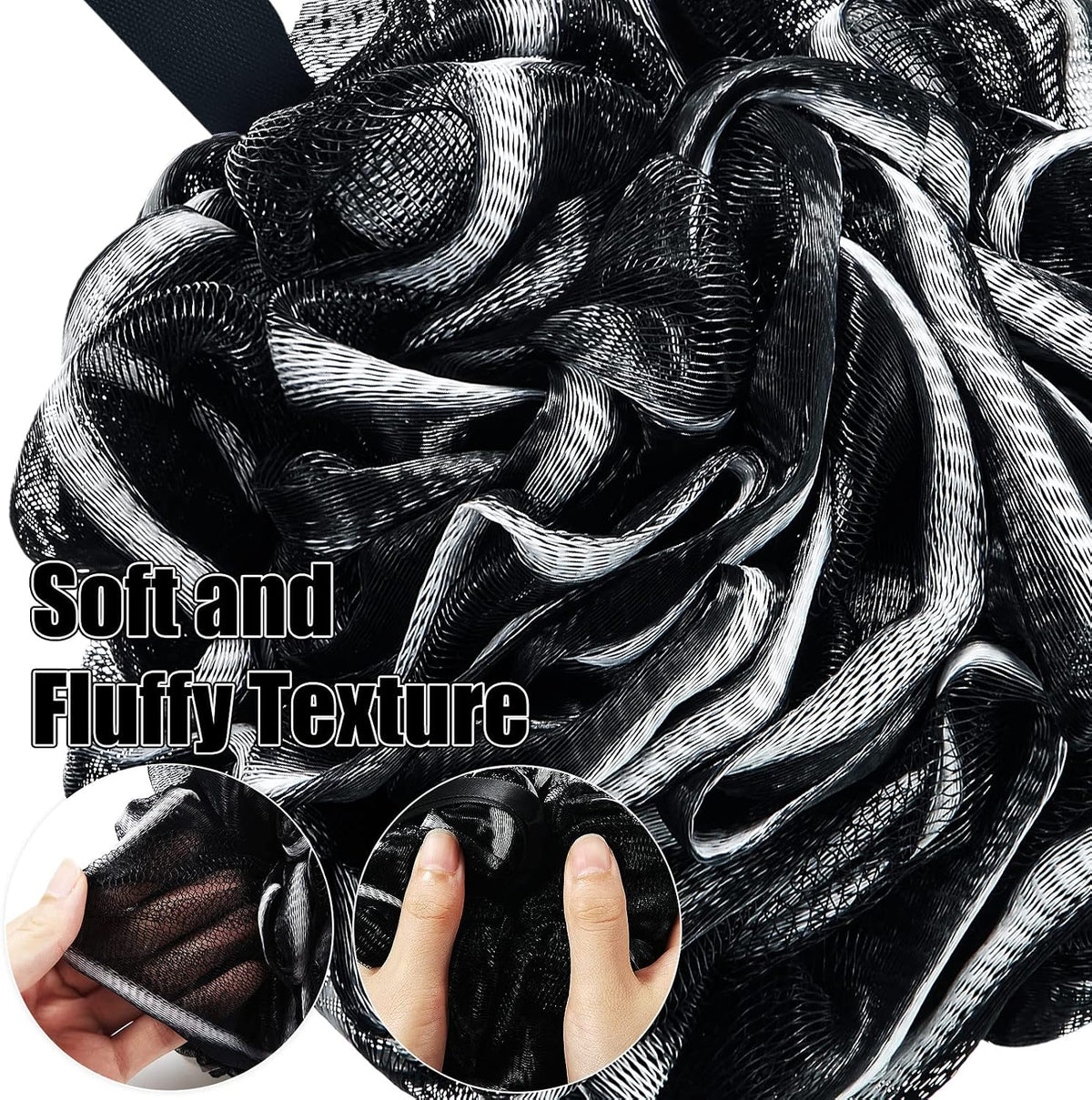 Shellwei black and white bath loofahs in storage bag
