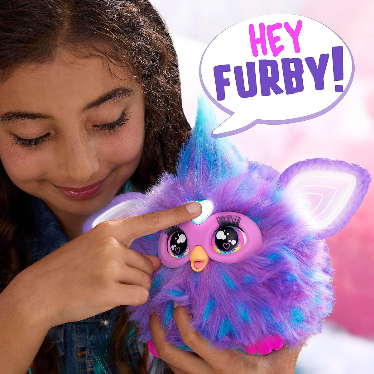Furby purple plush toy with fashion accessories layout
