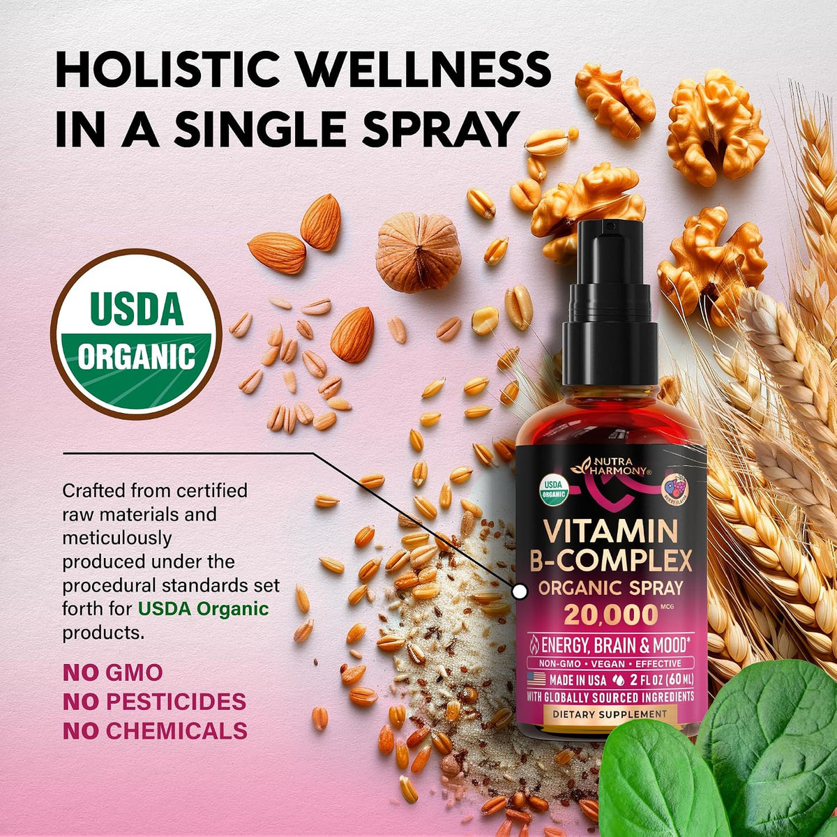 NutraHarmony organic vitamin b spray ingredients and directions panel
