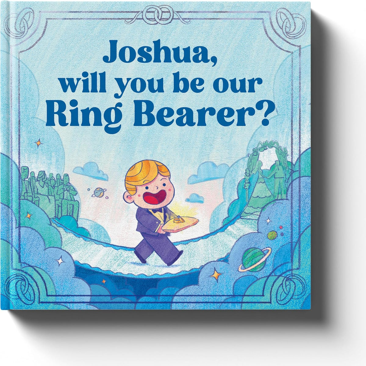 WeekendCreationCo personalized ring bearer proposal book front view featuring custom name options.