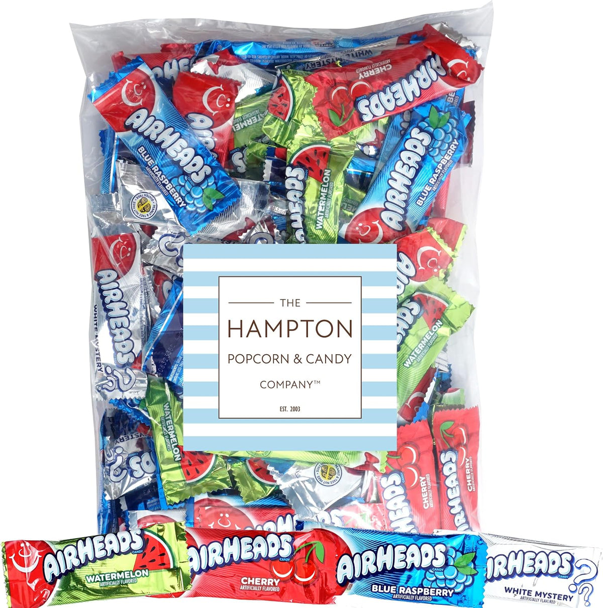 Close up of individually wrapped Airheads Mini Bars assortment