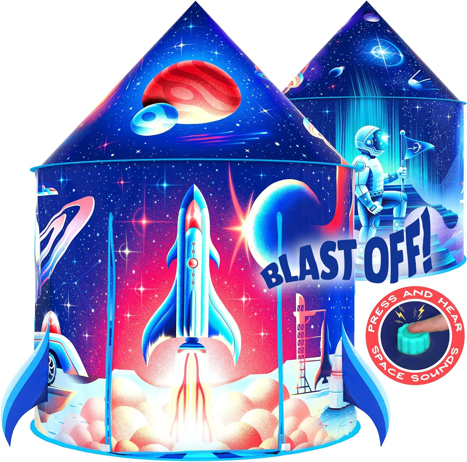 W&O rocket ship play tent front view showing vibrant space graphics and realistic blast off sound button.