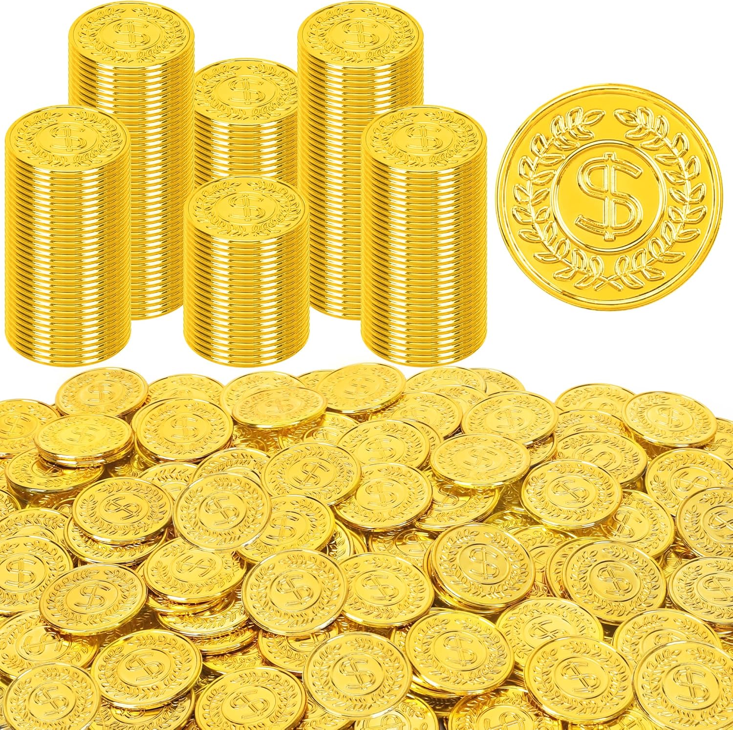 Fullive plastic gold coins front view showing metallic finish for pirate party supplies.