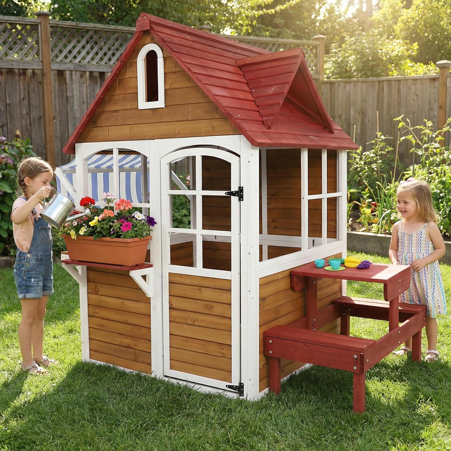 Coumy Large Solid Wood Outdoor Kids Playhouse front view in a backyard setting.