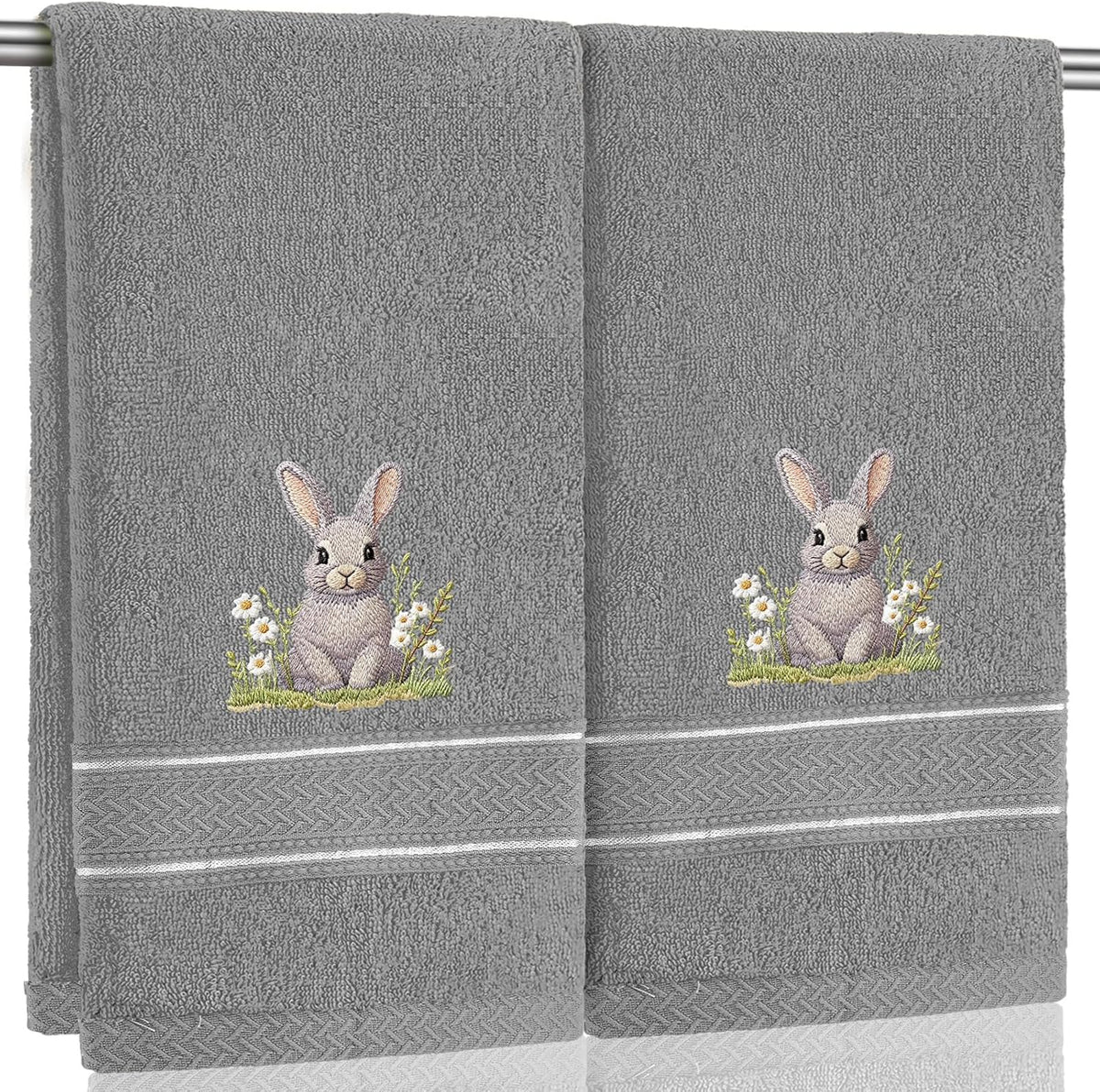 Tudomro gray Easter bunny embroidered hand towels front view