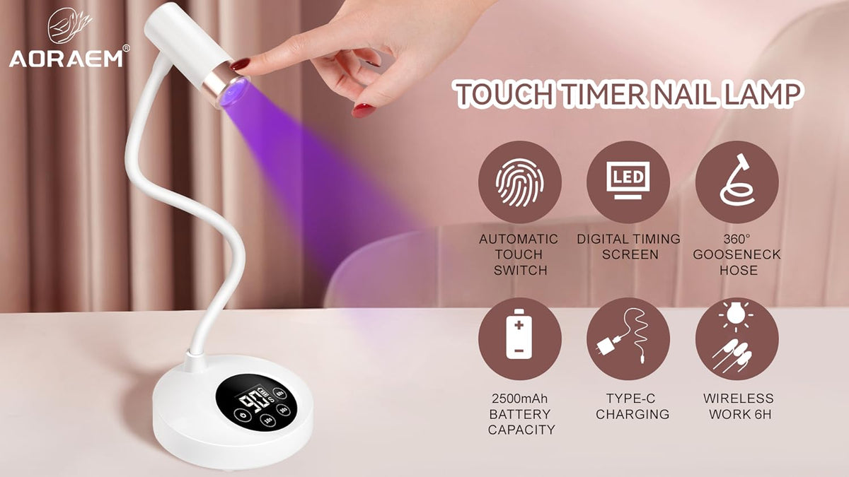 Full packaging view of the imported white AORAEM rechargeable gooseneck light for gel nails.