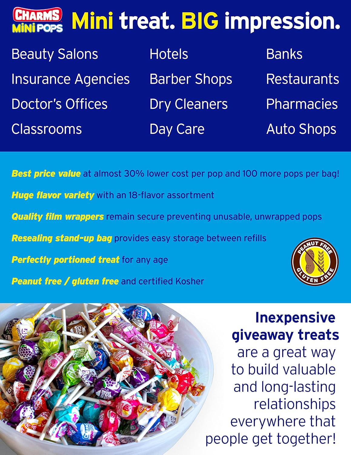 Peanut free and gluten free assorted party lollipops imported from the United States.