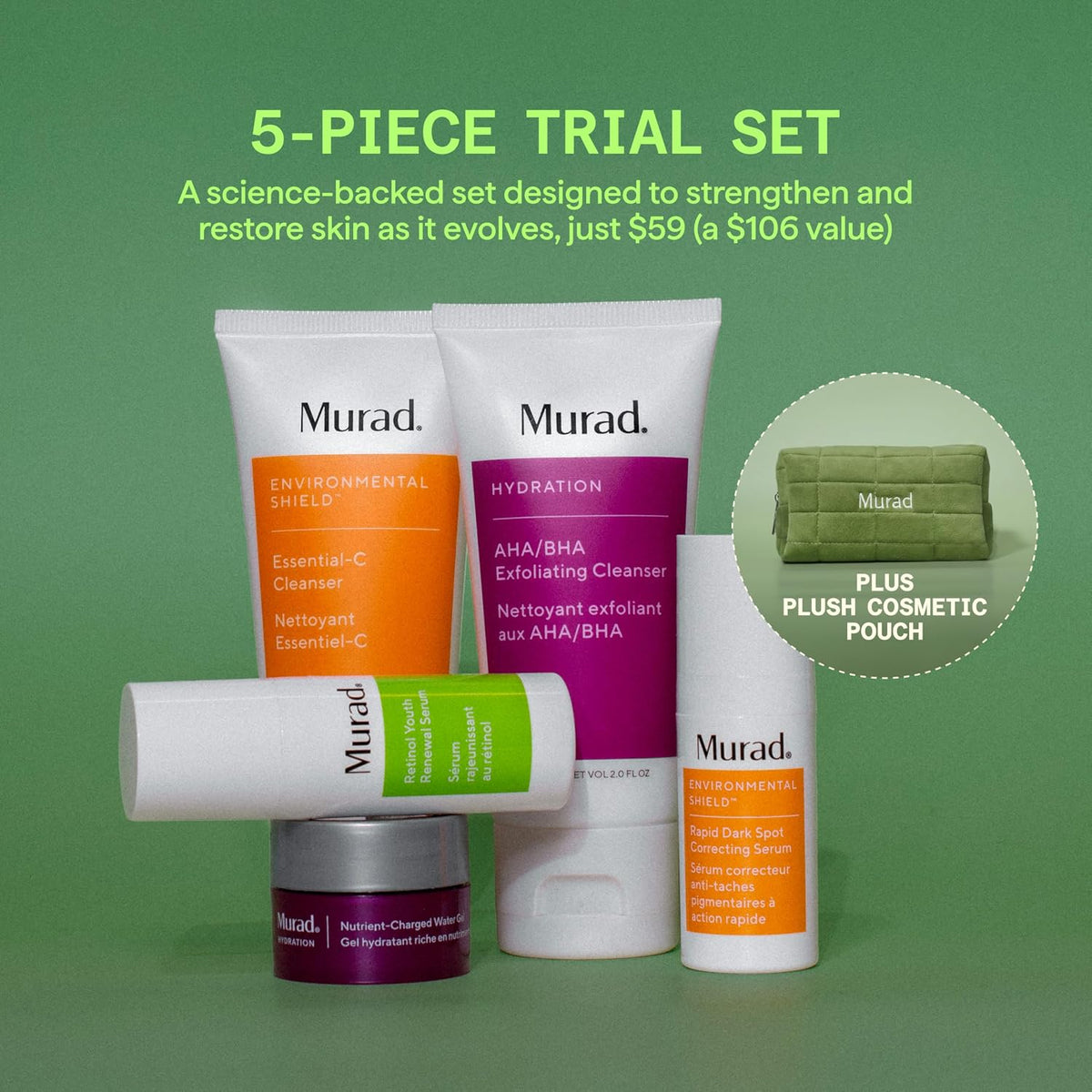 Murad travel skincare regimen kit with green quilted pouch