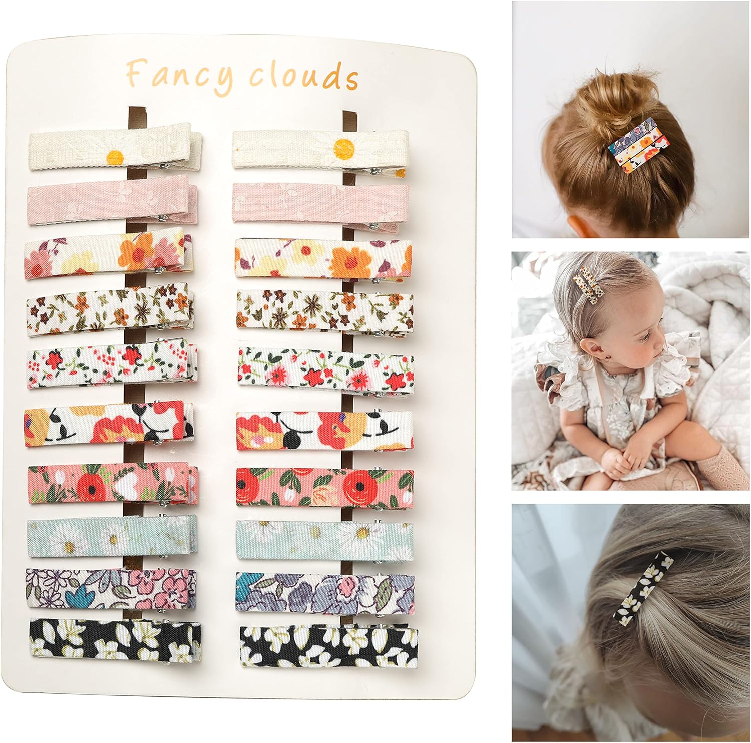 Fancy Clouds floral fabric fully lined hair clips 20 piece set front view