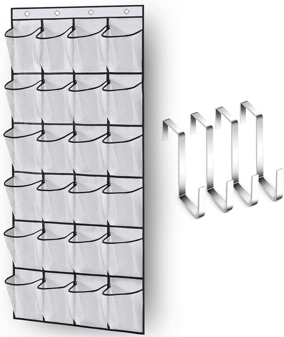 Full length hanging display of pink shoe storage rack