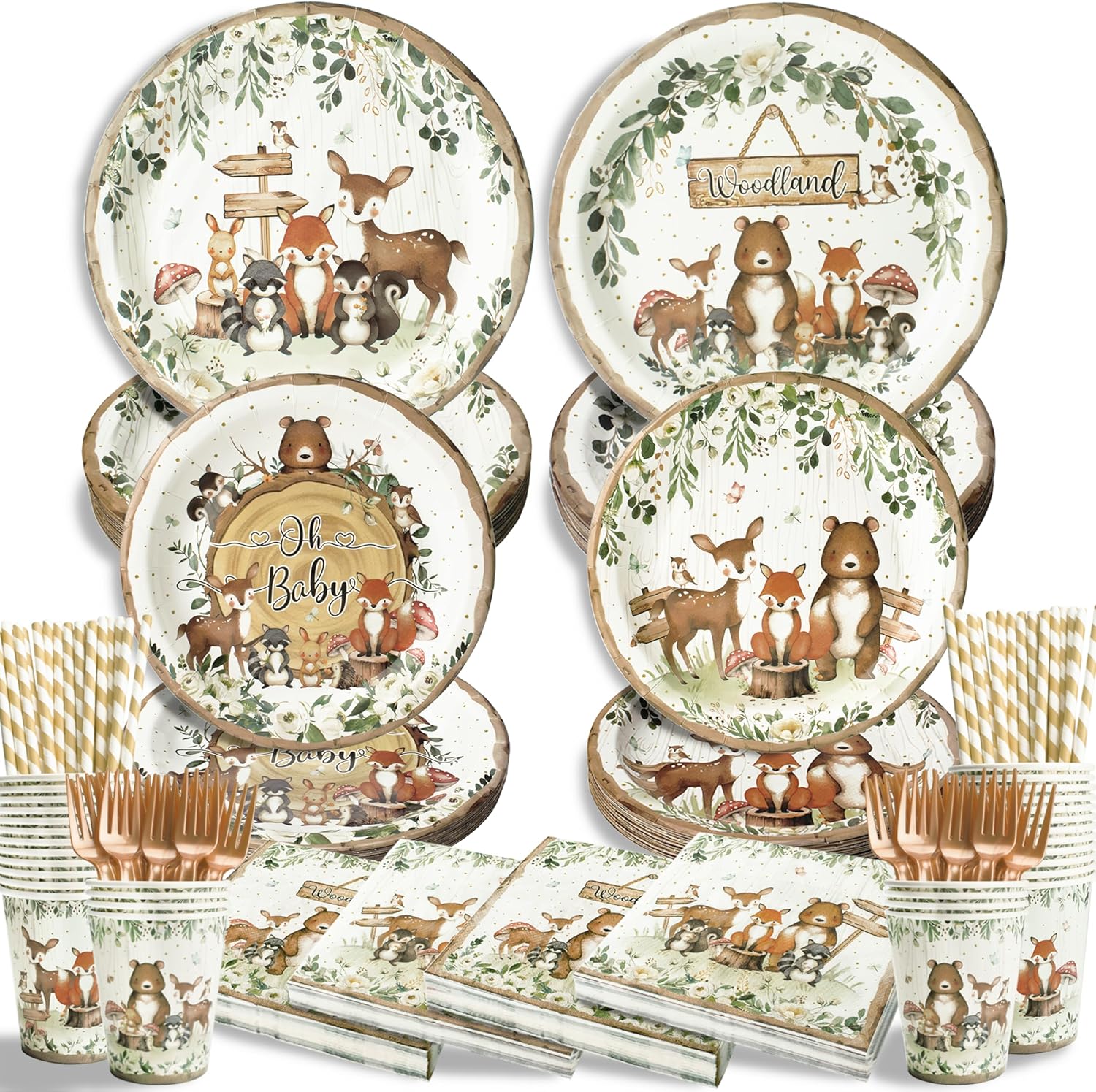 Kinovo woodland baby shower 300 piece party set front view
