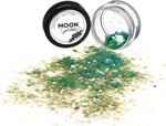 Moon Glitter iridescent green flakes texture display