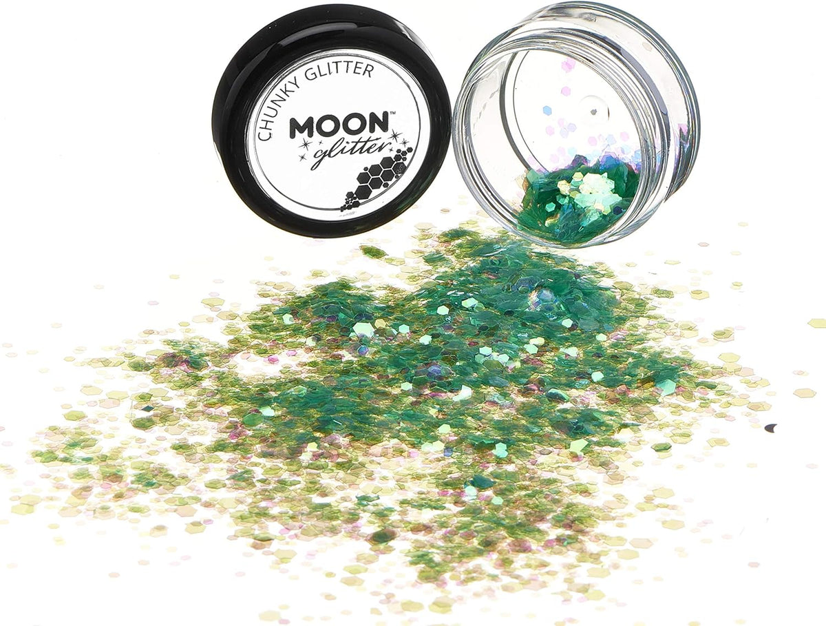 Moon Glitter iridescent green flakes texture display