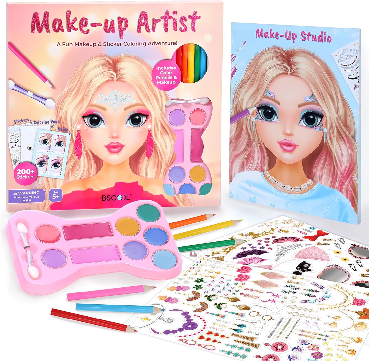 BSCOOL Make Up Artist 3 in 1 kit front view showing coloring book and makeup palette