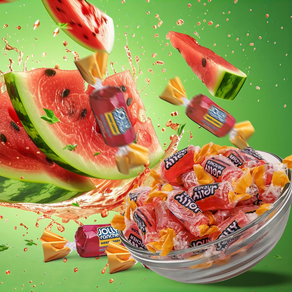 Close up of individually wrapped Watermelon Jolly Rancher candies