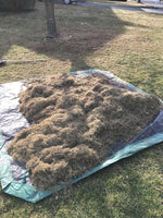 Green utility yard tarp spread flat on lawn with autumn leaves